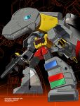  absurdres altronage autobot black_background blue_eyes character_name english_commentary glowing glowing_eye grimlock gun highres holding holding_gun holding_weapon looking_up mecha multiple_forms open_hand science_fiction transformers visor weapon 