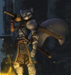  2022 5_fingers anthro armor canid canine clothed clothing digital_media_(artwork) female feretta fingers fire fur grey_body grey_fur hair hi_res holding_object holding_sword holding_weapon mammal melee_weapon smile sword weapon 