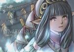  1girl artist_name bangs black_hair blunt_bangs copyright_name copyright_request eyebrows_visible_through_hair eyelashes final_fantasy final_fantasy_xi long_hair orange_eyes parted_lips pink_lips piyoco pointy_ears solo star_sibyl tarutaru upper_body 