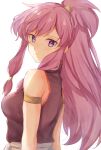  1girl armlet bangs bare_shoulders closed_mouth collared_dress dress edamameoka expressionless eyebrows_visible_through_hair fire_emblem fire_emblem:_the_sacred_stones from_side highres long_hair looking_at_viewer marisa_(fire_emblem) pink_hair ponytail purple_eyes upper_body white_background 