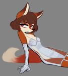  2022 absurd_res anthro canid canine clothed clothing digital_media_(artwork) dress female fox frown fur hair handwear hi_res lenyavok looking_at_viewer mammal mouritzeen_(lenyavok) orange_body orange_fur purple_eyes simple_background skimpy solo 