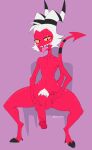  anthro chair cyancoyote demon furniture genitals hair helluva_boss hi_res horn humanoid_genitalia humanoid_penis imp looking_at_viewer male moxxie_(helluva_boss) navel nude penis presenting presenting_penis pubes purple_background red_body red_skin sharp_teeth simple_background sitting spade_tail spread_legs spreading striped_horn stripes teeth thick_thighs tongue tongue_out white_hair white_pubes yellow_sclera 