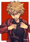  1boy adjusting_clothes adjusting_necktie angry bakugou_katsuki bangs black_necktie black_shirt blonde_hair boku_no_hero_academia border clenched_teeth collared_shirt formal jacket kadeart looking_at_viewer loose_necktie male_focus necktie red_background red_eyes red_jacket shirt short_hair simple_background solo spiked_hair teeth twitter_username two-tone_background upper_body v-shaped_eyebrows white_border wing_collar 