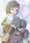  1girl artist_name automaton avatar_(ff11) black_gloves bow brown_hair elbow_gloves final_fantasy final_fantasy_xi gloves green_headwear head_scarf highres hume light_blue_eyes lips orange_bow pink_lips piyoco puffy_short_sleeves puffy_sleeves puppetmaster_(final_fantasy) short_hair short_sleeves smile v_arms 