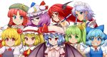  1girl apron ascot bangs bat_wings beret black_dress black_vest blonde_hair blue_bow blue_dress blue_eyes blue_hair blue_ribbon blue_vest bow braid breasts cirno collared_shirt crescent crescent_hat_ornament d.koutya daiyousei demon_tail demon_wings dress fairy_wings flandre_scarlet flat_chest frilled_shirt frilled_shirt_collar frilled_sleeves frills glasses green_eyes green_hair hair_bow hair_ribbon hat hat_ornament hat_ribbon head_wings holding holding_knife hong_meiling ice ice_wings izayoi_sakuya knife koakuma large_breasts long_hair medium_breasts medium_hair mob_cap multiple_girls neck_ribbon necktie one_side_up patchouli_knowledge pinafore_dress pink_dress ponytail puffy_short_sleeves puffy_sleeves purple_eyes purple_hair red_bow red_eyes red_hair red_necktie red_neckwear red_ribbon red_skirt red_vest remilia_scarlet ribbon rumia shirt short_hair short_sleeves side_braid silver_hair simple_background skirt small_breasts solo tail touhou twin_braids very_long_hair vest white_background white_shirt wings wrist_cuffs yellow_bow 