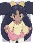  1girl :d absurdres black_hair breasts brown_eyes brown_shirt commentary_request dark-skinned_female dark_skin fang highres iris_(pokemon) long_hair long_sleeves looking_at_viewer pants pokemon pokemon_(game) pokemon_bw purple_background rururu_(pyrk8855) shirt sleeves_past_wrists small_breasts smile solo two-tone_background two_side_up very_long_hair white_background white_pants wide_sleeves 