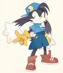  1boy animal_ears blue_headwear closed_mouth full_body furry furry_male gloves hat jewelry kanyoko_(yuzukano_17) kaze_no_klonoa klonoa long_hair looking_at_viewer male_focus shorts simple_background smile solo tail v yellow_eyes yellow_gloves 