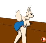  aggressive_retsuko anthro ass_up bent_over black_eyes blue_bottomwear blue_clothing blue_skirt bottomwear breast_squish breasts butt butt_grab canid canine clothed clothing clothing_lift desk female fennec fenneko fox fur furniture gesture hand_on_butt head_markings hi_res how-about looking_at_viewer looking_back mammal markings on_desk panties raised_clothing red_clothing red_panties red_underwear sanrio shaded side_boob skirt skirt_lift soft_shading solo squish suggestive suggestive_gesture suggestive_pose table tan_body tan_fur topless underwear white_ear_fluff 