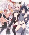  3girls :d animal_ears animal_hands ass bangs bell black_hair black_legwear black_leotard breasts brown_eyes cat_ears center_opening chloe_von_einzbern dark-skinned_female dark_skin eyebrows_visible_through_hair fate/kaleid_liner_prisma_illya fate_(series) garter_straps girl_sandwich grey_legwear hair_ornament hairclip highres illyasviel_von_einzbern jingle_bell knee_up leotard long_hair looking_at_viewer lying miyu_edelfelt multiple_girls navel official_alternate_costume on_back open_mouth panties panties_over_garter_belt purple_eyes sandwiched sideboob sidelocks small_breasts smile tail thighhighs thighs underwear white_hair yellow_eyes yuge_(mkmk) 