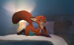  anthro bed canid canine disney drugs fox fur furniture green_eyes looking_at_viewer lying lying_on_bed male mammal necktie nick_wilde nude on_bed orange_body orange_fur pills red_fox simple_background smile smiling_at_viewer solo teasing zaush zootopia 