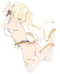  1girl :o animal_ear_fluff animal_ears arms_up ass backless_dress backless_outfit bangs bare_shoulders blade_(galaxist) blonde_hair breasts cat_ears cat_girl cat_tail commentary_request copyright_request detached_sleeves dress eyebrows_visible_through_hair full_body green_eyes hair_between_eyes highres long_hair long_sleeves looking_at_viewer looking_back orange_dress orange_footwear parted_lips shoes simple_background small_breasts solo strapless strapless_dress tail thighhighs twintails very_long_hair white_background white_legwear white_sleeves 
