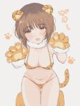  1girl animal_ears animal_hands animal_print bangs bikini blurry blush breasts brown_eyes brown_hair cleavage eyebrows_visible_through_hair fang fur_collar girls_und_panzer gloves grey_background groin half-closed_eyes highres looking_at_viewer medium_breasts momochi_(mmc_cmm) navel nishizumi_miho open_mouth orange_footwear orange_gloves paw_gloves paw_shoes print_bikini short_hair simple_background smile solo standing swimsuit symbol-only_commentary thigh_gap tiger_ears tiger_print translated 