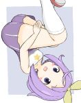  1girl :d absurdres bangs bare_arms bare_shoulders blush_stickers breasts collarbone commentary_request dress eyebrows_visible_through_hair feet_out_of_frame forehead grey_background hair_ribbon highres hiiragi_tsukasa hugging_own_legs kneehighs lucky_star parted_bangs pleated_dress purple_dress purple_eyes purple_hair ribbon rururu_(pyrk8855) sleeveless sleeveless_dress small_breasts smile solo star_(symbol) two-tone_background upside-down white_background white_legwear yellow_ribbon 