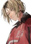  1boy bangs blonde_hair blood brown_hair expressionless eyebrows_visible_through_hair face from_below haikyuu!! hair_behind_ear jersey kadeart kozume_kenma male_focus multicolored_hair nosebleed numbered parted_bangs parted_hair red_shirt roots_(hair) shirt short_hair simple_background solo sweat twitter_username two-tone_hair upper_body white_background wing_collar yellow_eyes 