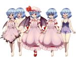  1girl barefoot bat_wings blue_hair bow brooch burnt_clothes chemise d.koutya dress fang fang_out fangs frilled_shirt frilled_shirt_collar frilled_sleeves frills hat hat_ribbon jewelry mary_janes mob_cap navel no_headwear nude panties pink_dress pink_headwear puffy_short_sleeves puffy_sleeves red_bow red_eyes red_footwear red_ribbon remilia_scarlet ribbon ribbon_trim sash see-through shirt shoes short_breasts short_hair short_sleeves simple_background solo standing tachi-e torn_clothes touhou underwear white_background wings wrist_cuffs 