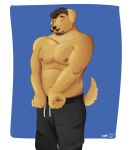 anthro beard bird_dog breast_squeeze breasts brown_body brown_fur canid canine canis chubby_male clothed clothing digital_media_(artwork) domestic_dog embarrassed emyr_minotaur facial_hair fur golden_retriever hair hi_res hunting_dog male mammal musclegut muscular muscular_male mustache nipples pecs retriever shaded simple_background slightly_chubby solo squish sweatpants text 