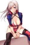  1girl american_flag_bikini applekun asymmetrical_legwear bangs bikini black_legwear blue_eyes breasts cleavage fate/grand_order fate_(series) flag_print highres large_breasts mismatched_legwear miyamoto_musashi_(fate) miyamoto_musashi_(swimsuit_berserker)_(fate) pink_hair print_swimsuit shrug_(clothing) solo swept_bangs swimsuit thighhighs two-tone_swimsuit 