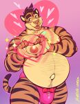  &lt;3 absurd_res anthro belly body_hair brown_eyes brown_hair bulge chest_hair clothed clothing eyebrows facial_piercing felid fur hair hi_res male mammal marlon.cores moobs nipples nose_piercing nose_ring orange_body orange_fur overweight overweight_anthro overweight_male pantherine piercing pink_clothing pink_underwear solo striped_body striped_fur stripes tiger tongue tongue_out topless underwear 