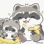  2022 banana black_eyes black_nose chibi dot_eyes eating eyes_closed feral food fruit grey_body mammal plant plushie procyonid raccoon solo white_body yencatx 