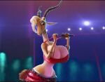  absurd_res antelope anthro big_breasts bottomwear bovid breasts cleavage clothed clothing clothing_pull disney edited_screencap female gazelle gazelle_(zootopia) halter_top hi_res holding_object horn huge_breasts mammal microphone simple_background skimpy skirt solo spotlight venjiiart wide_hips zootopia 