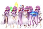  1girl barefoot blue_bow blue_ribbon blush bow breasts burnt_clothes coat collared_dress crescent crescent_hat_ornament crystal d.koutya dress drooling_blood glasses hair_bow hat hat_ornament hat_ribbon large_breasts leotard long_dress long_hair mob_cap multiple_persona nude patchouli_knowledge plump purple_coat purple_eyes purple_footwear purple_hair purple_headwear red_bow red_ribbon ribbon simple_background sleeveless sleeveless_dress smile solo standing striped striped_dress swimsuit tachi-e thighs torn_clothes touhou v-shaped_eyebrows vertical-striped_dress vertical_stripes very_long_hair white_background 