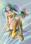  1boy 1girl 2022 absurdres animal_print aqua_hair arm_behind_back artist_name bare_arms bare_shoulders bikini breasts cleavage closed_mouth dated eyelashes highres horns kneehighs knees_together_feet_apart light_blue_eyes lips long_hair looking_at_viewer lum medium_breasts oni oni_horns pink_horns pink_lips piyoco pointy_ears print_bikini print_legwear sidelocks sitting smile strapless strapless_bikini swimsuit ten_(urusei_yatsura) tiger_print urusei_yatsura 