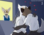  absurd_res accipitriform aggressive_retsuko anthro anthro_on_anthro avian being_watched beowulf100 bird bodily_fluids breasts brown_body brown_fur canid canine female fennec fenneko fluffy fluffy_tail fox fur group haida hi_res hyaenid interspecies kissing looking_at_another male male/female mammal mature_female sanrio secretary_washimi smile sweat white_body white_fur yellow_body yellow_fur 