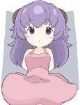  1girl :o absurdres arms_behind_back bangs bare_shoulders blush_stickers breasts commentary_request dress eyebrows_visible_through_hair grey_background hanyuu highres higurashi_no_naku_koro_ni horns long_hair looking_at_viewer medium_breasts parted_lips pink_dress purple_eyes purple_hair rururu_(pyrk8855) short_eyebrows sleeveless sleeveless_dress solo thick_eyebrows two-tone_background very_long_hair white_background 