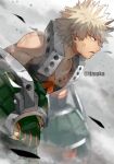  1boy bakugou_katsuki bangs bare_shoulders blonde_hair blurry blurry_background blurry_foreground boku_no_hero_academia collar costume day debris depth_of_field detached_sleeves dirty dirty_face dust_cloud explosive eye_mask from_side gauntlets gloves grenade headgear highres looking_ahead male_focus muscular muscular_male narrowed_eyes neck_brace outdoors parted_lips pectorals red_eyes serious short_hair skin_tight sleeveless solo spiked_hair sweat symmetry tonbanlove twitter_username upper_body v-neck v-shaped_eyebrows x 