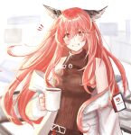  1girl animal_ears coffee coffee_mug cup girls&#039;_frontline_neural_cloud highres labcoat mi_(27782900) mug persicaria_(girls&#039;_frontline_nc) pink_eyes pink_hair 