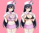  1girl ahoge alternate_costume artist_name black_bra black_hair blush bra breasts brown_eyes cleavage cowboy_shot dated english_text eyebrows_visible_through_hair gloves hair_between_eyes hat heart kantai_collection large_breasts long_hair multiple_views nurse_cap open_mouth pink_background pink_skirt see-through signature simple_background skirt tk8d32 underwear ushio_(kancolle) white_gloves 