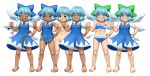  1girl barefoot blue_bow blue_dress blue_eyes blue_hair blush bow breasts brown_footwear burnt_clothes cirno clenched_hand collared_shirt d.koutya dress green_bow hair_bow ice ice_wings multiple_persona navel neck_ribbon no_hair_bow nude open_mouth pinafore_dress puffy_short_sleeves puffy_sleeves red_neckwear ribbon shirt shoes short_dress short_hair short_sleeves simple_background small_breasts smile socks solo standing tachi-e tan tanned_cirno torn_clothes touhou white_background white_legwear white_shirt wings 