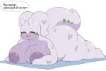  anthro big_breasts breasts dialogue female goodra hi_res inverted_nipples lying nintendo nipples nude on_front open_mouth open_smile pok&eacute;mon pok&eacute;mon_(species) purple_body pururing simple_background smile solo thick_thighs video_games white_background 