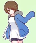  1girl :| bangs bike_shorts black_shorts blue_hoodie blush breasts brown_eyes brown_hair closed_mouth commentary_request cosplay cowboy_shot dress eyebrows_visible_through_hair green_background hair_between_eyes hood hood_down hoodie jacket looking_at_viewer mii_gunner mii_gunner_(smash_ultimate) open_clothes open_jacket outline sans sans_(cosplay) short_hair shorts simple_background sleeves_past_fingers sleeves_past_wrists solo super_smash_bros. suta_(clusta) undertale white_dress white_outline 