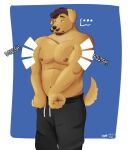  anthro beard bird_dog breast_squeeze breasts brown_body brown_fur canid canine canis chubby_male clothed clothing digital_media_(artwork) domestic_dog embarrassed emyr emyr_minotaur facial_hair fur golden_retriever hair hi_res hunting_dog male male/male mammal musclegut muscular muscular_male mustache nipples pecs retriever shaded simple_background slightly_chubby solo squish sweatpants text 