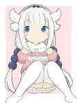 1girl :o absurdres bangs blue_eyes blush_stickers capelet commentary_request dragon_horns dress eyebrows_visible_through_hair hands_up highres horns kanna_kamui knees_together_feet_apart knees_up kobayashi-san_chi_no_maidragon long_hair long_sleeves no_shoes parted_lips pink_background pink_dress puffy_long_sleeves puffy_sleeves rururu_(pyrk8855) sleeves_past_wrists solo thighhighs two-tone_background very_long_hair white_background white_capelet white_hair white_legwear 