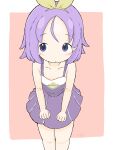  1girl :o absurdres bangs bare_arms bare_shoulders blush_stickers breasts brown_background cleavage collarbone commentary_request dress eyebrows_visible_through_hair feet_out_of_frame forehead hair_ribbon highres hiiragi_tsukasa looking_at_viewer lucky_star parted_bangs parted_lips pleated_dress purple_dress purple_eyes purple_hair ribbon rururu_(pyrk8855) sleeveless sleeveless_dress small_breasts solo standing two-tone_background white_background yellow_ribbon 