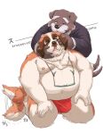  2022 anthro asian_clothing belly brown_body canid canine canis clothing domestic_dog duo east_asian_clothing facial_hair fundoshi hi_res japanese_clothing kemono male male/male mammal mature_male moobs mustache navel nipples overweight overweight_male red_clothing red_fundoshi red_underwear sippo tail_motion tailwag underwear 