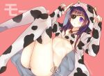  1girl animal_print blush breasts chrome_dokuro cow_horns cow_print eyepatch full_body hihibi hood hoodie horns index_finger_raised katekyo_hitman_reborn! long_hair looking_at_viewer purple_eyes purple_hair simple_background solo swimsuit thighhighs 