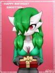  2022 baterco birthday_gift breasts english_text female gardevoir green_hair hair hair_over_eye hi_res holding_object humanoid long_hair nintendo not_furry one_eye_obstructed pink_background pok&eacute;mon pok&eacute;mon_(species) red_eyes ruby_(ghostth39) signature simple_background smile smiling_at_viewer solo text video_games 