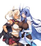  2girls :3 absurdres ahoge asymmetrical_docking azur_lane bangs bare_shoulders black_gloves black_legwear blue_eyes blue_hair blush bodystocking breast_press breasts budget_sarashi cannon capelet cleavage closed_mouth coat coat_on_shoulders collar commission confrontation cowboy_shot crossover dark-skinned_female dark_skin dress elbow_gloves english_commentary face-to-face glasses gloves grey-framed_eyewear hair_between_eyes hand_on_hip headgear highres kantai_collection large_breasts long_hair midriff miniskirt multiple_girls musashi_(kancolle) navel neckerchief new_jersey_(azur_lane) partially_fingerless_gloves pleated_skirt pointy_hair rectangular_eyewear red_eyes red_skirt rivals sakuramon sarashi second-party_source semi-rimless_eyewear shinidei side_cutout sidelocks simple_background skirt smile standing thighhighs two_side_up underboob very_long_hair white_background white_coat white_dress white_gloves yellow_neckerchief zettai_ryouiki 