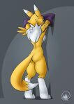  anthro bandai_namco butt digimon digimon_(species) digitigrade female fur grey_background hi_res mysticalpha nude renamon simple_background solo white_body white_fur yellow_body yellow_fur 