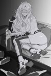  1girl blush bottle breasts cleavage drunk greyscale hair_censor highres holding holding_bottle kantai_collection large_breasts lips long_hair mole mole_under_eye mole_under_mouth monochrome open_mouth richelieu_(kancolle) rudder_footwear shingyou_(alexander-13) solo thighhighs 