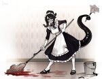  1girl absurdres alternate_costume apron black_dress black_footwear black_hair blood bucket closed_mouth commentary contrapposto dress english_commentary enmaided gloves grey_hair highres holding holding_mop holding_with_tail leech leech_queen_(matilda_fiship) long_sleeves maid maid_headdress matilda_fiship monster_girl mop original pantyhose prehensile_tail shoes solo tail tentacle_hair white_apron white_eyes white_gloves white_legwear 