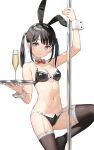  1girl animal_ears bikini black_bikini black_hair black_legwear bow bowtie breasts brown_eyes champagne_flute cleavage closed_mouth cup detached_collar drinking_glass fake_animal_ears full_body garter_straps hairband highres kantoku long_hair medium_breasts navel no_shoes original plaid playboy_bunny_swimsuit pole pole_dancing rabbit_ears sidelocks simple_background smile solo standing standing_on_one_leg stripper stripper_pole swimsuit thighhighs tiptoes tray twintails white_background wrist_cuffs 