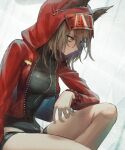  1girl animal_ears arknights bare_legs black_swimsuit breasts commentary_request ears_through_headwear hood hood_up jacket long_sleeves looking_away looking_down nishioka_tomozo official_alternate_costume projekt_red_(arknights) projekt_red_(light_breeze)_(arknights) swimsuit tagme thigh_strap tomotototo wolf_ears wolf_girl 