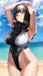  1girl armpits arms_up bangs beach black_hair black_swimsuit blue_sky blush breasts breath brown_eyes clothes_writing cloud cloudy_sky competition_swimsuit cowboy_shot day excessive_pubic_hair female_pubic_hair head_tilt headband heart heavy_breathing highleg highleg_swimsuit highres hip_focus horizon ikuchan_kaoru large_breasts long_hair looking_at_viewer ocean one-piece_swimsuit original outdoors parted_lips partially_visible_vulva pubic_hair pubic_hair_peek sideboob sky solo swimsuit thighs turtleneck wavy_hair wet 