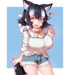  1girl animal_ears black_hair blue_eyes blush breasts casual collarbone extra_ears eyebrows_visible_through_hair fang grey_wolf_(kemono_friends) haruirokomici heart heterochromia highres kemono_friends large_breasts multicolored_hair nail_polish nose_blush open_mouth short_shorts shorts solo tail two-tone_hair white_hair wolf_ears wolf_girl wolf_tail yellow_eyes 