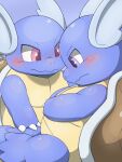  after_transformation ambiguous_gender anthro awkward blue_body blue_eyes blush claws colored duo hi_res male male/male nintendo pok&eacute;mon pok&eacute;mon_(species) purple_eyes shell video_games wartortle yakinikuinu 