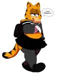  ... 1boy animal_ears animal_nose bag black_sailor_collar black_skirt cat_boy cat_ears cat_tail commentary crossdressing english_text eric_lowery fat food full_body furry furry_male garfield garfield_(character) grey_legwear grey_serafuku grey_shirt half-closed_eyes highres jitome lasagne long_sleeves mouth_hold neckerchief pleated_skirt sailor_collar school_bag school_uniform serafuku shirt shoes simple_background skirt solo speech_bubble spoken_ellipsis tail talking thick_thighs thighhighs thighs white_background white_neckerchief 